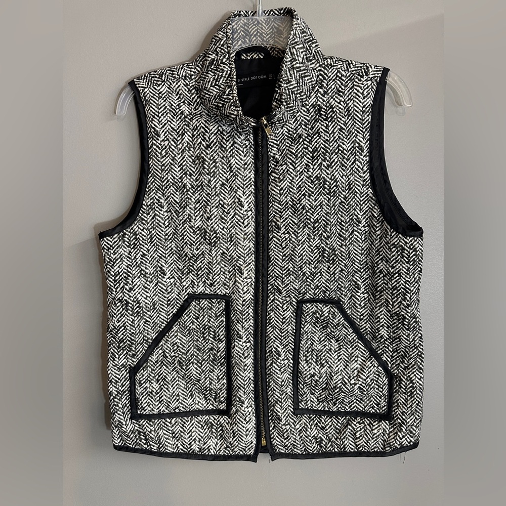 Si Style Dot Com Black White Chevron Quilted Full Zip Vest Fits‎ Womens Medium